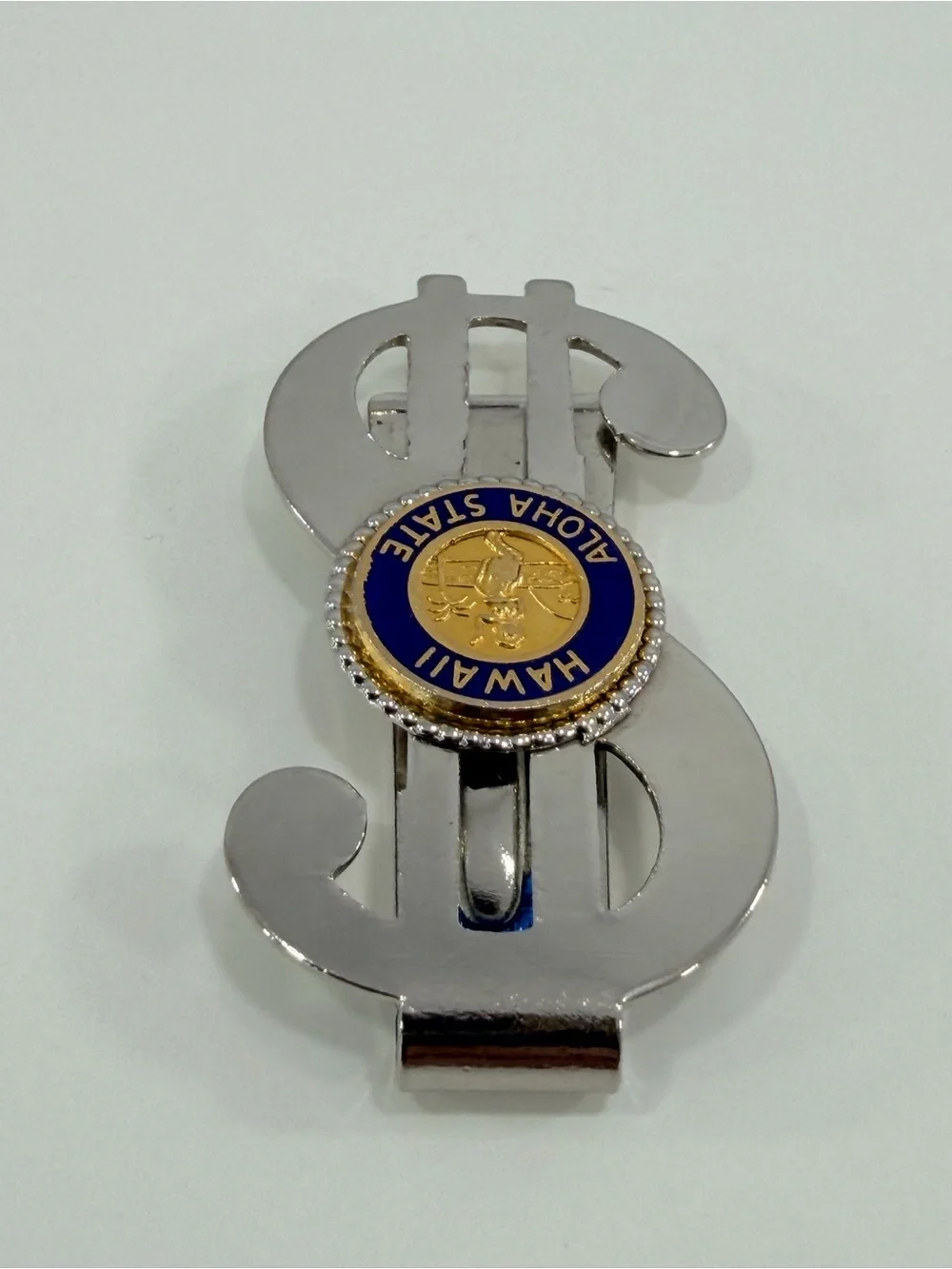 VTG Hawaii Aloha State Money Clip Dollar Sign Silver Tone Blue Enamel Hula